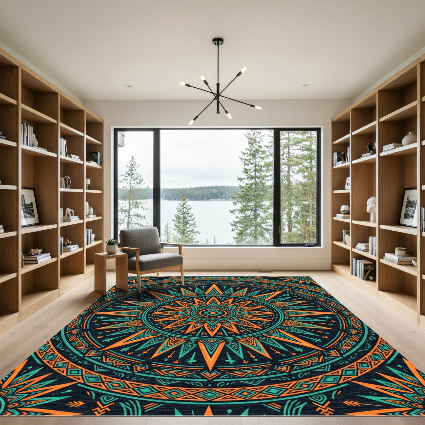 Teal and Orange Radiant Geometric Sun Rug