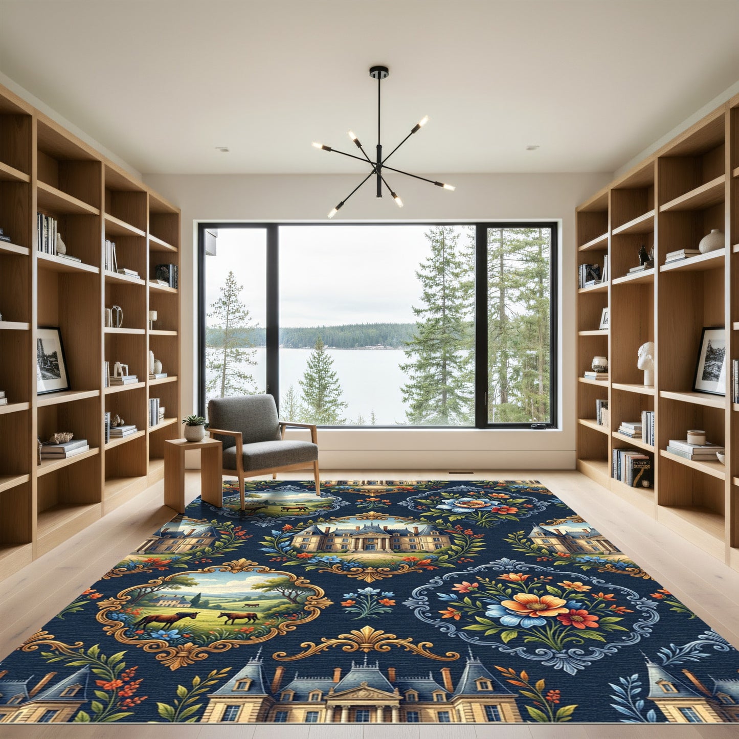Chateau Equestrian Floral Gold Navy Medallion Rug