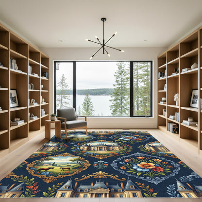 Chateau Equestrian Floral Gold Navy Medallion Rug