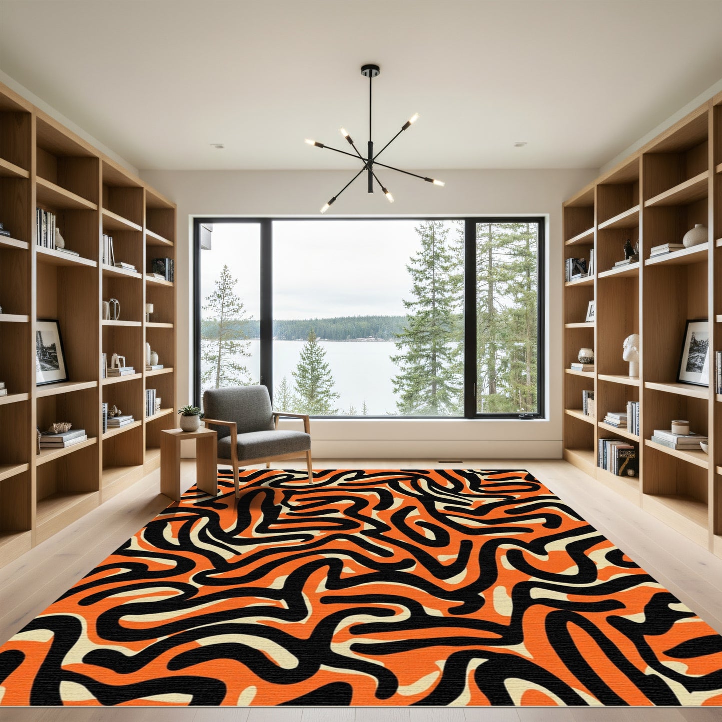 Bold Orange Black Swirl Abstract Rug