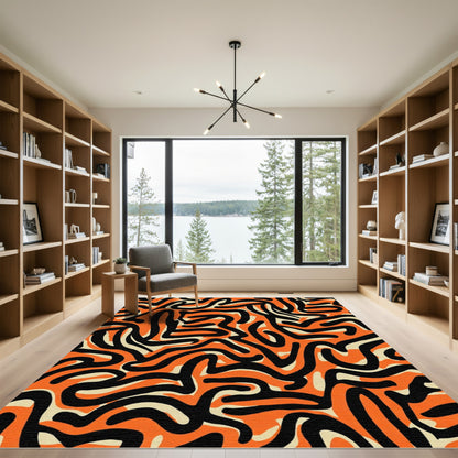 Bold Orange Black Swirl Abstract Rug