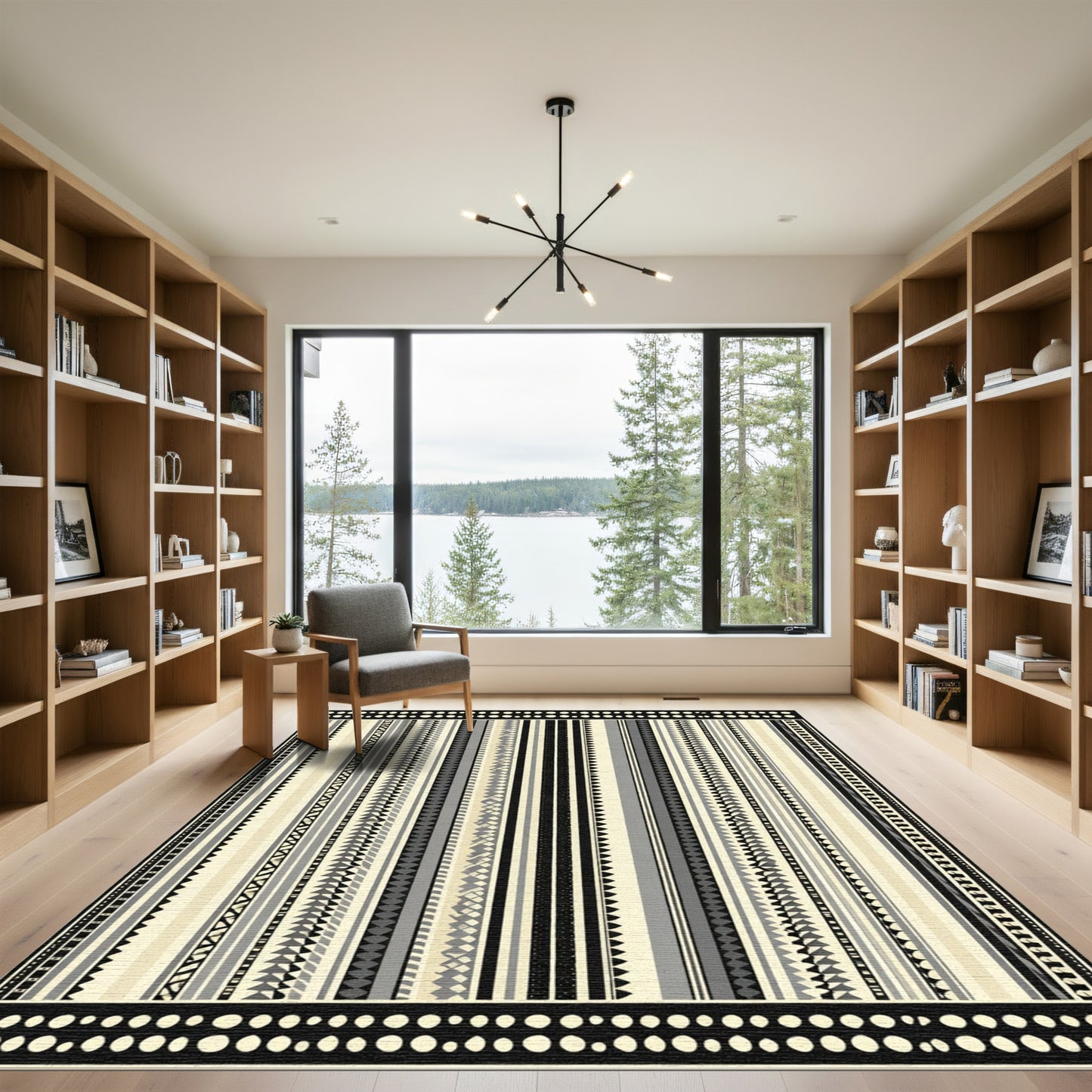 Cream Gray Black Tribal Stripe Rug
