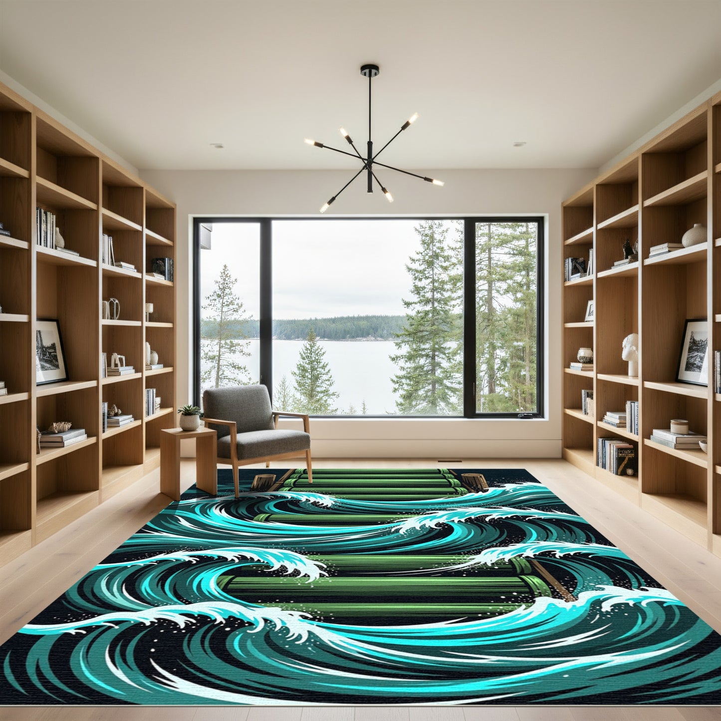 Dynamic Teal Wave Bamboo Pier Art Rug