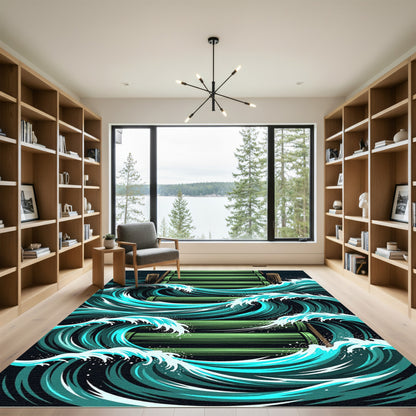 Dynamic Teal Wave Bamboo Pier Art Rug