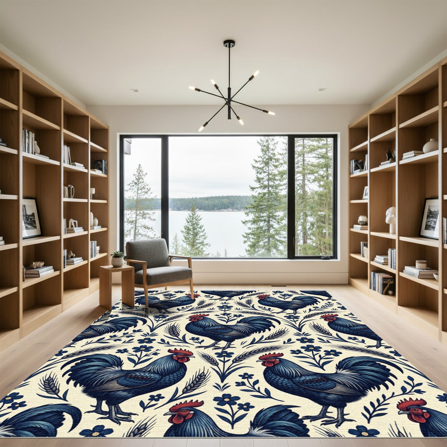 Navy Blue Rooster Floral Wheat Folk Rug