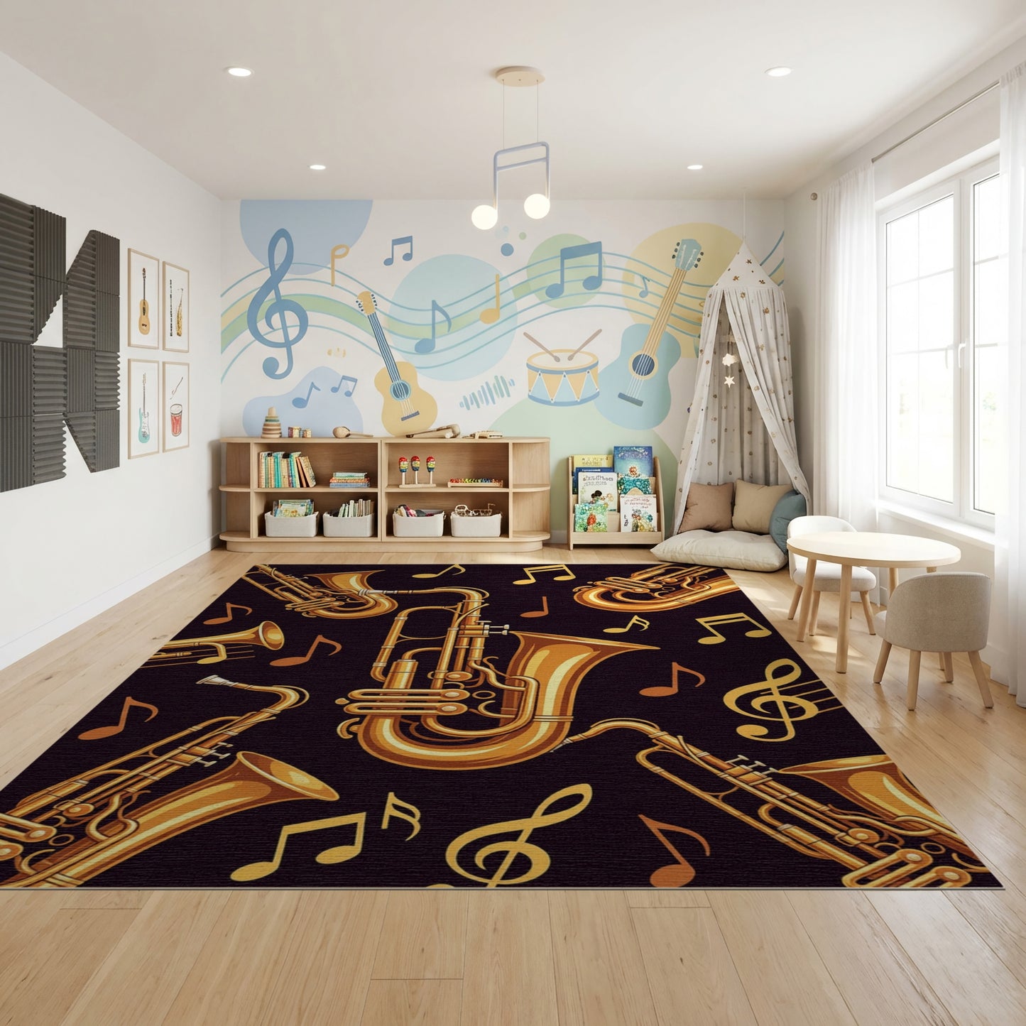 Golden Saxophones Music Notes Black Rug