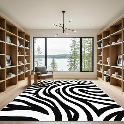 Monochrome Curved Fluid Lines Rug