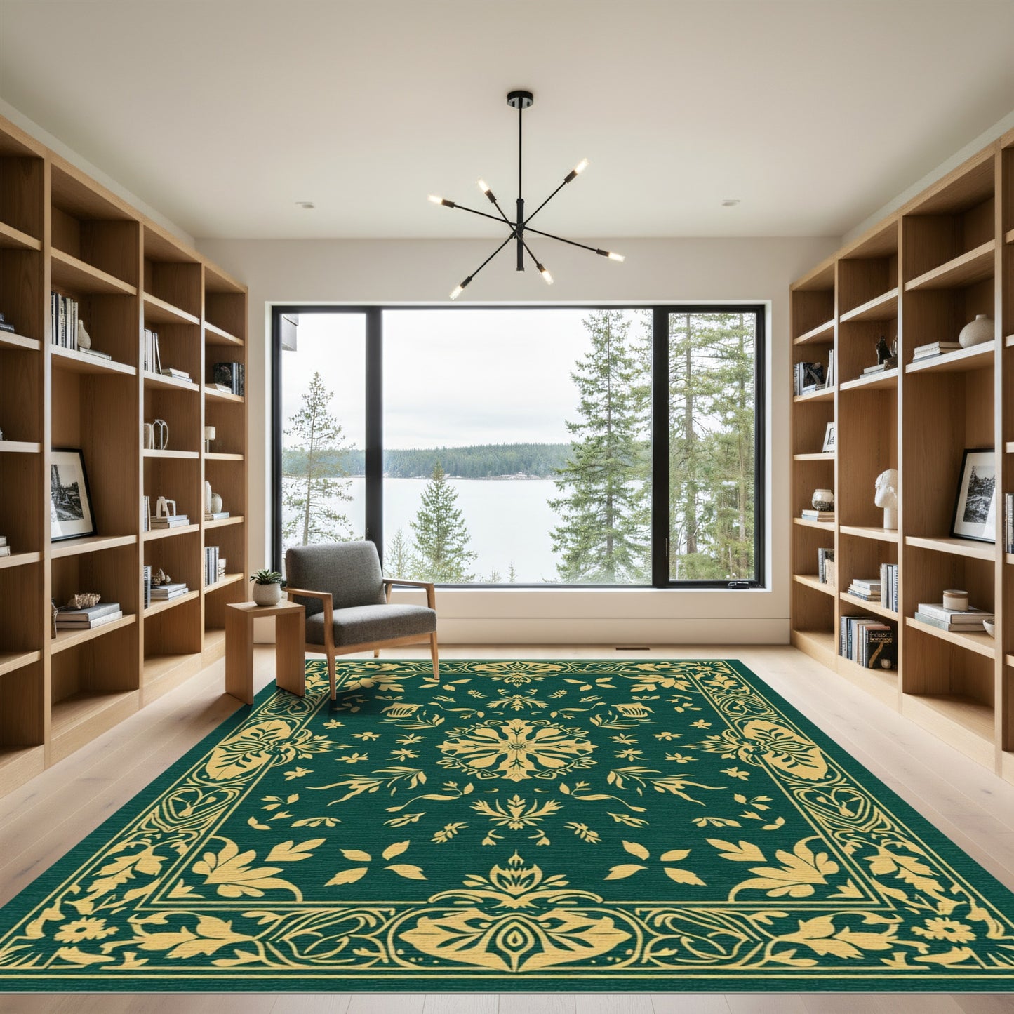 Ornate Teal Floral Border Art Rug