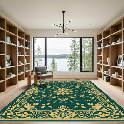 Ornate Teal Floral Border Art Rug