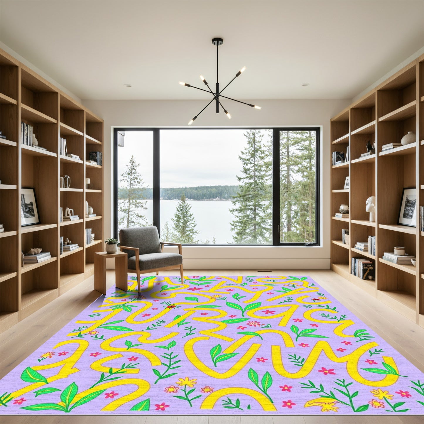 Yellow Winding Botanical Lavender Garden Rug
