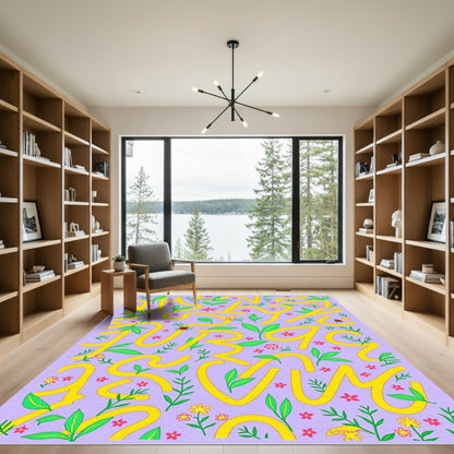 Yellow Winding Botanical Lavender Garden Rug