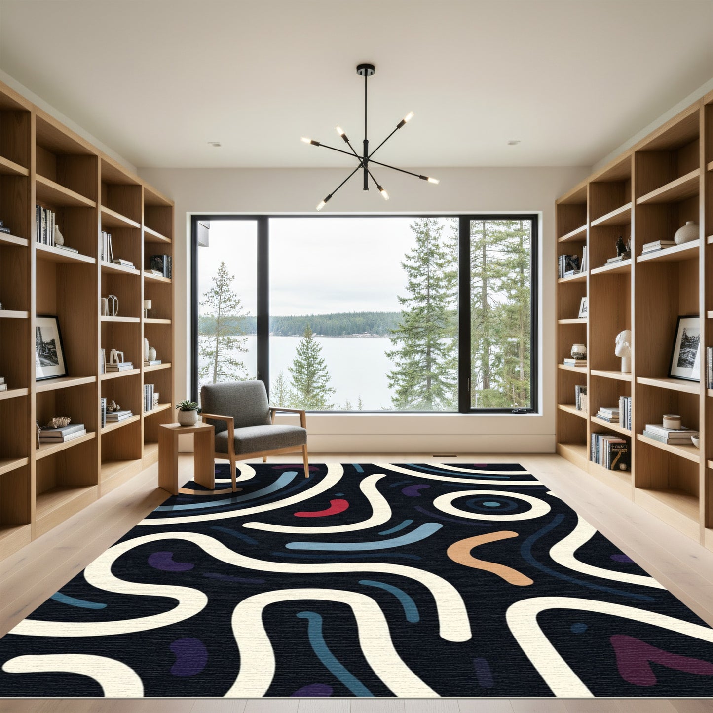Dark Abstract Organic Cream Wave Rug