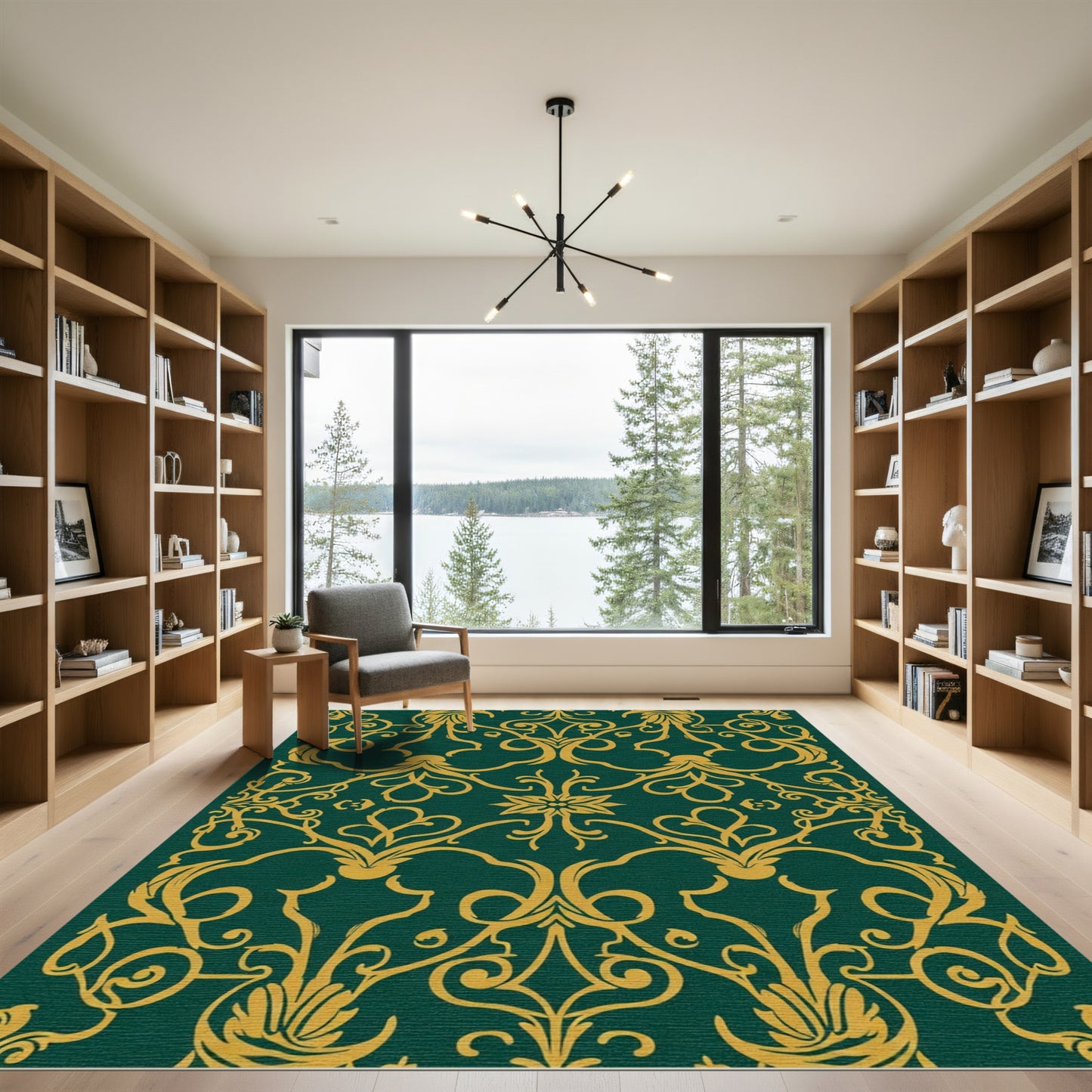 Rich Emerald Gold Damask Scroll Rug