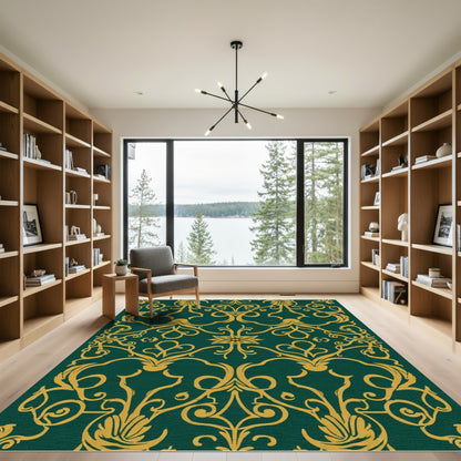 Rich Emerald Gold Damask Scroll Rug