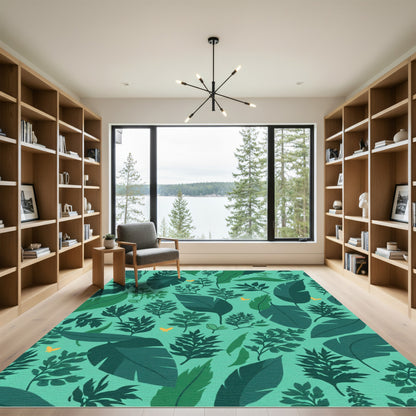 Teal Jungle Foliage Butterfly Arrangement Rug