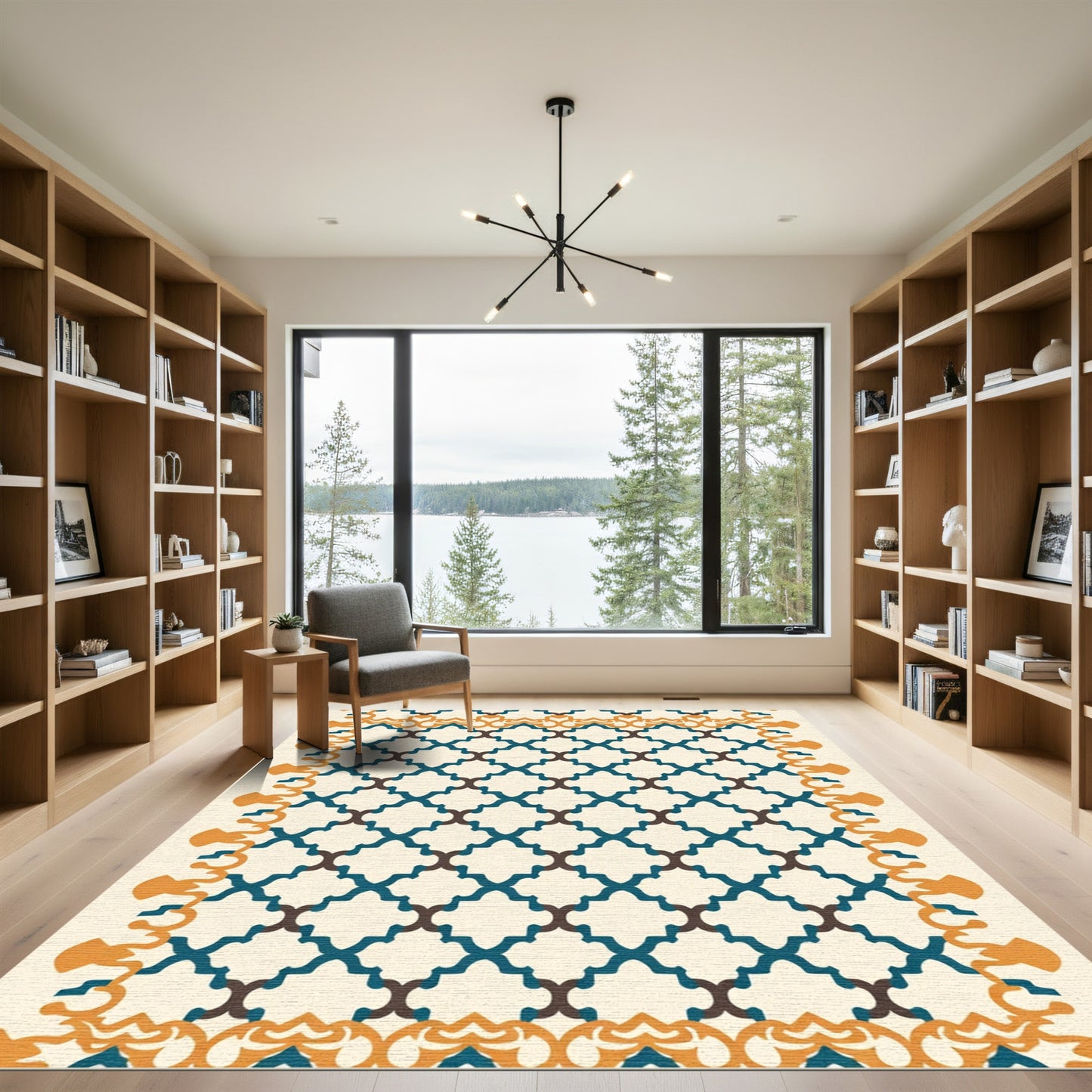 Teal Brown Quatrefoil Geometric Border Rug