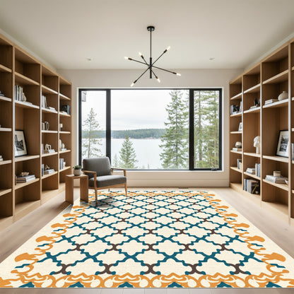 Teal Brown Quatrefoil Geometric Border Rug
