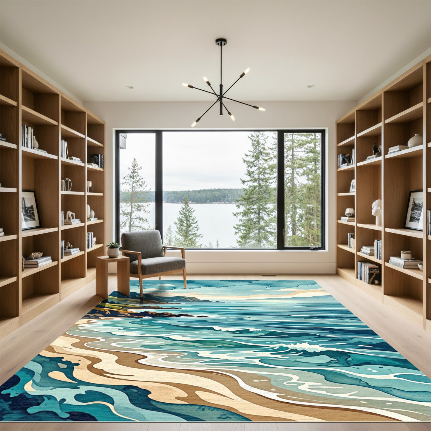 Coastal Blue Abstract Ocean Wave Landscape Rug