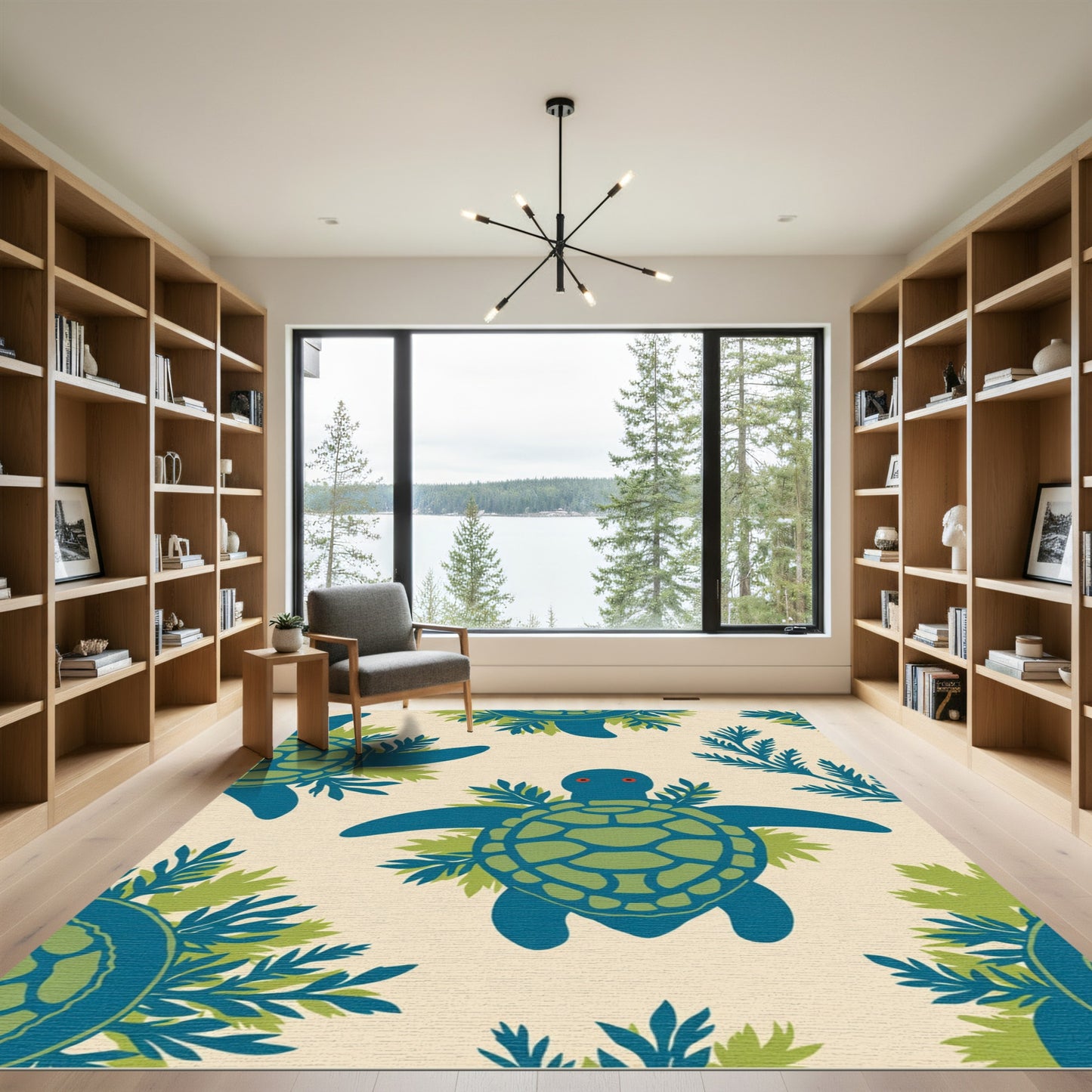Blue Green Sea Turtle Foliage Pattern Rug
