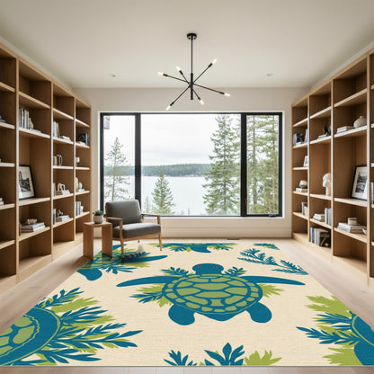 Blue Green Sea Turtle Foliage Pattern Rug