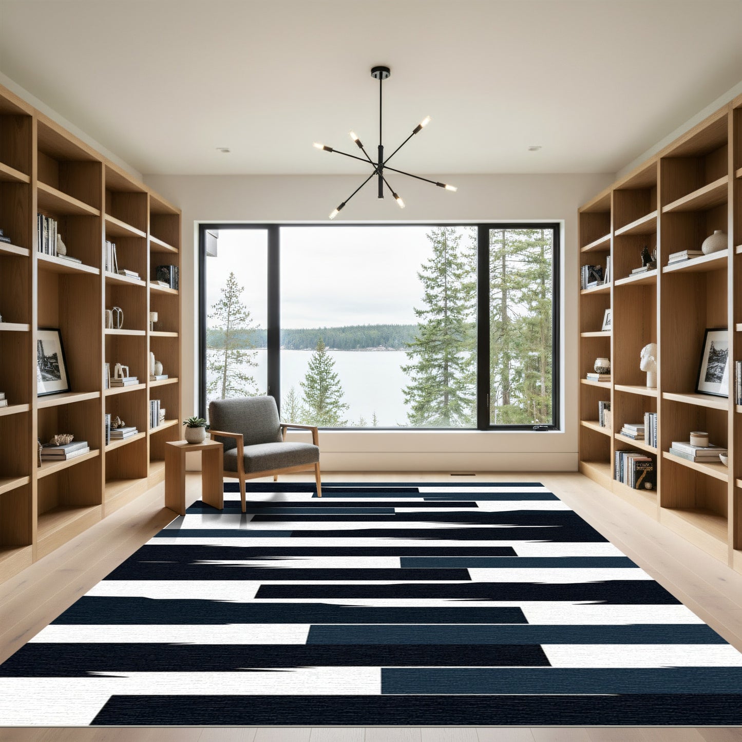 Modern Navy Black Layered Striped Composition Rug
