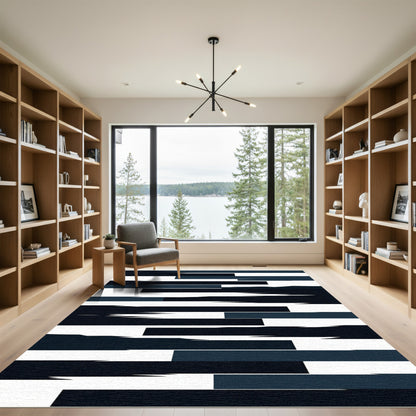 Modern Navy Black Layered Striped Composition Rug