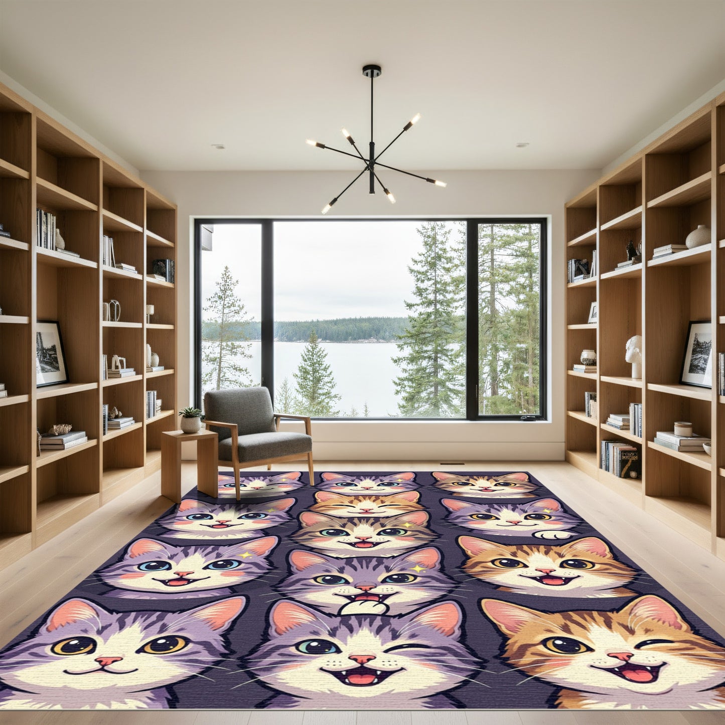 Adorable Illustrative Feline Grid Mosaic Rug