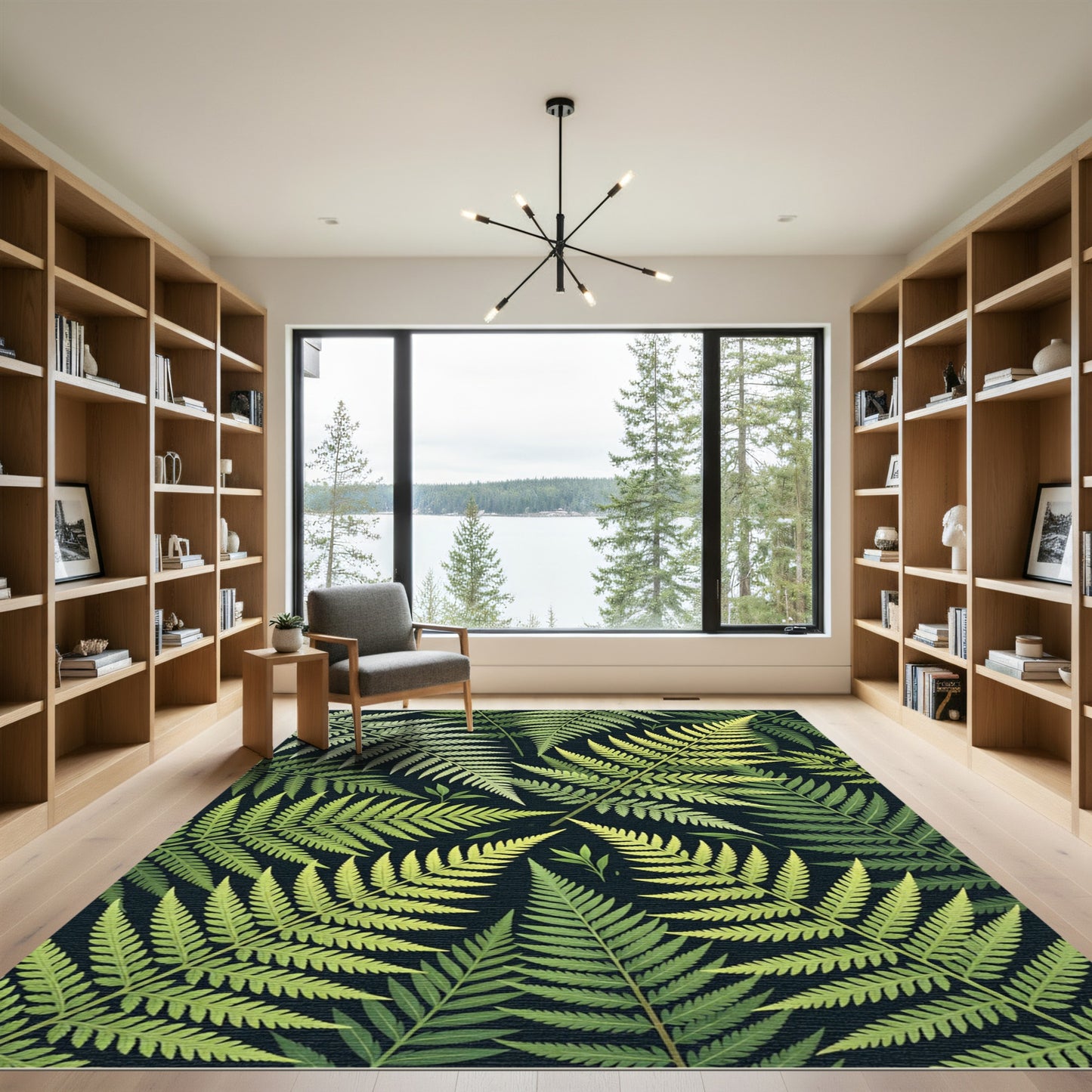 Verdant Fern Fronds Over Dark Background Rug