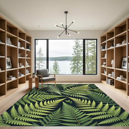 Verdant Fern Fronds Over Dark Background Rug