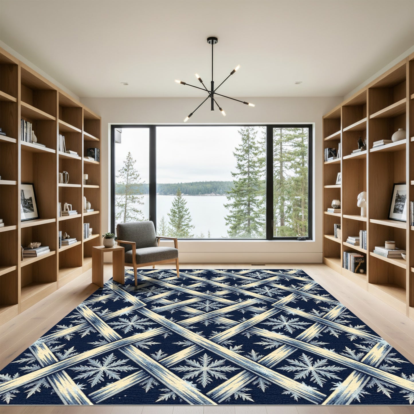 Navy Blue Geometric Lattice Snowflake Rug