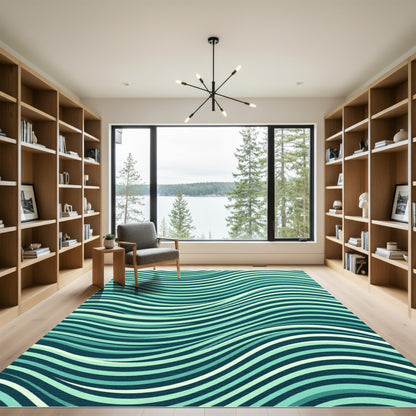 Teal And White Wavy Stripe Rug