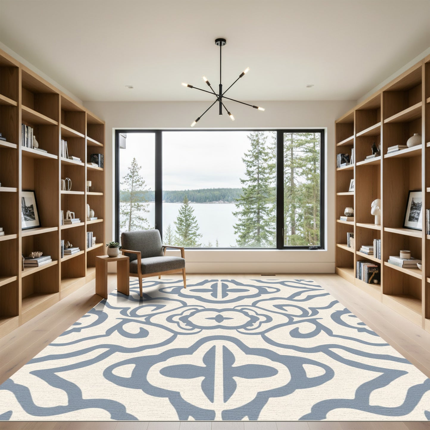 Light Blue Swirling Curves Medallion Rug