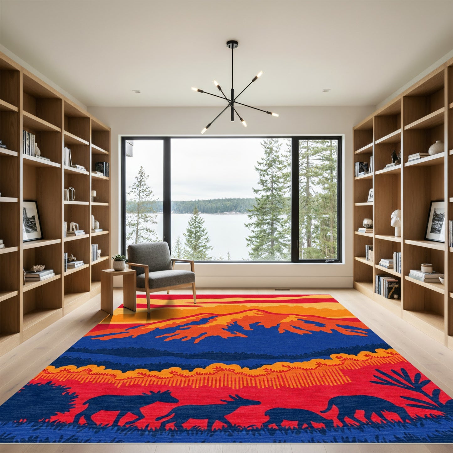 Bold Red Deer Mountain Sunset Landscape Rug