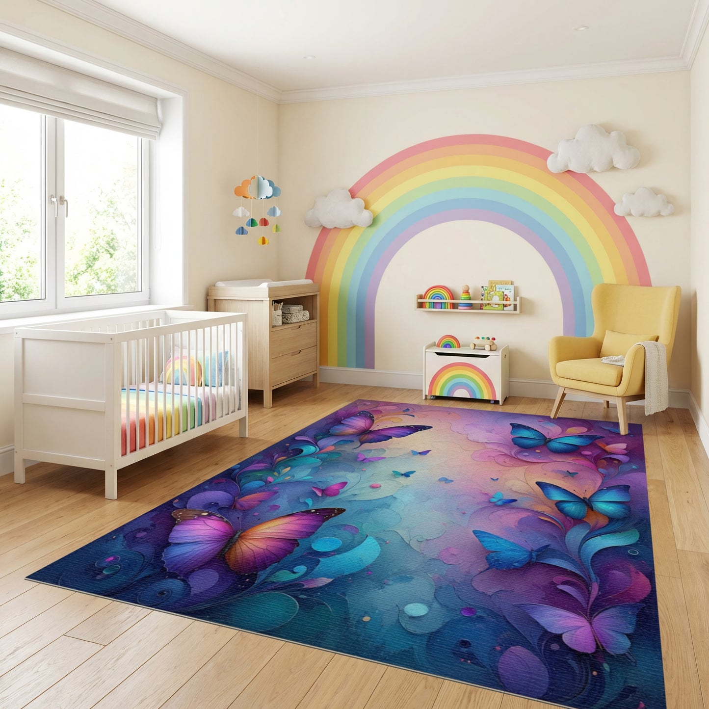 Whimsical Multicolor Butterfly Floral Swirl Rug