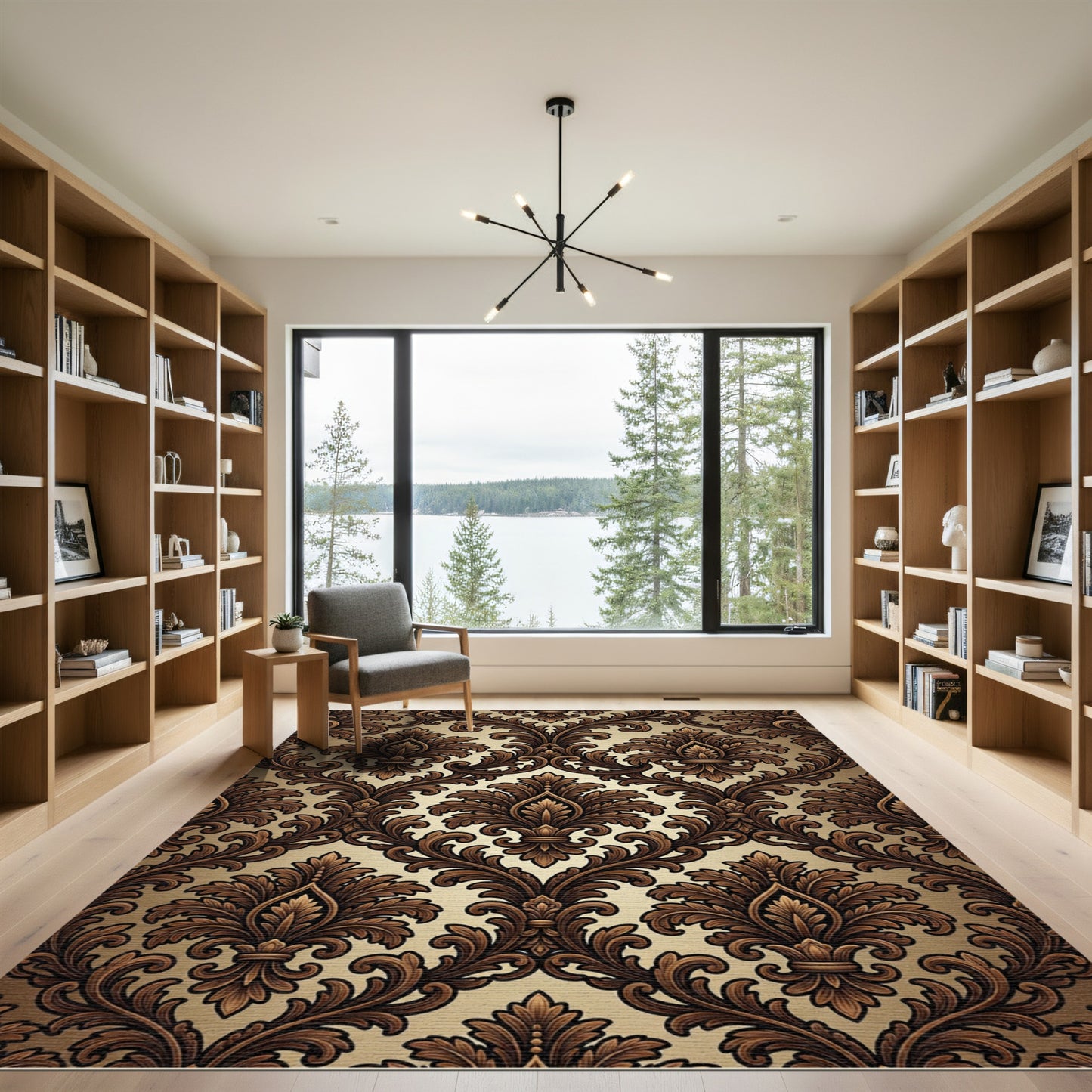 Brown Cream Baroque Scroll Medallion Rug
