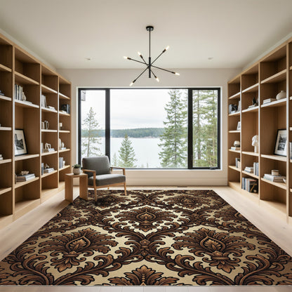 Brown Cream Baroque Scroll Medallion Rug