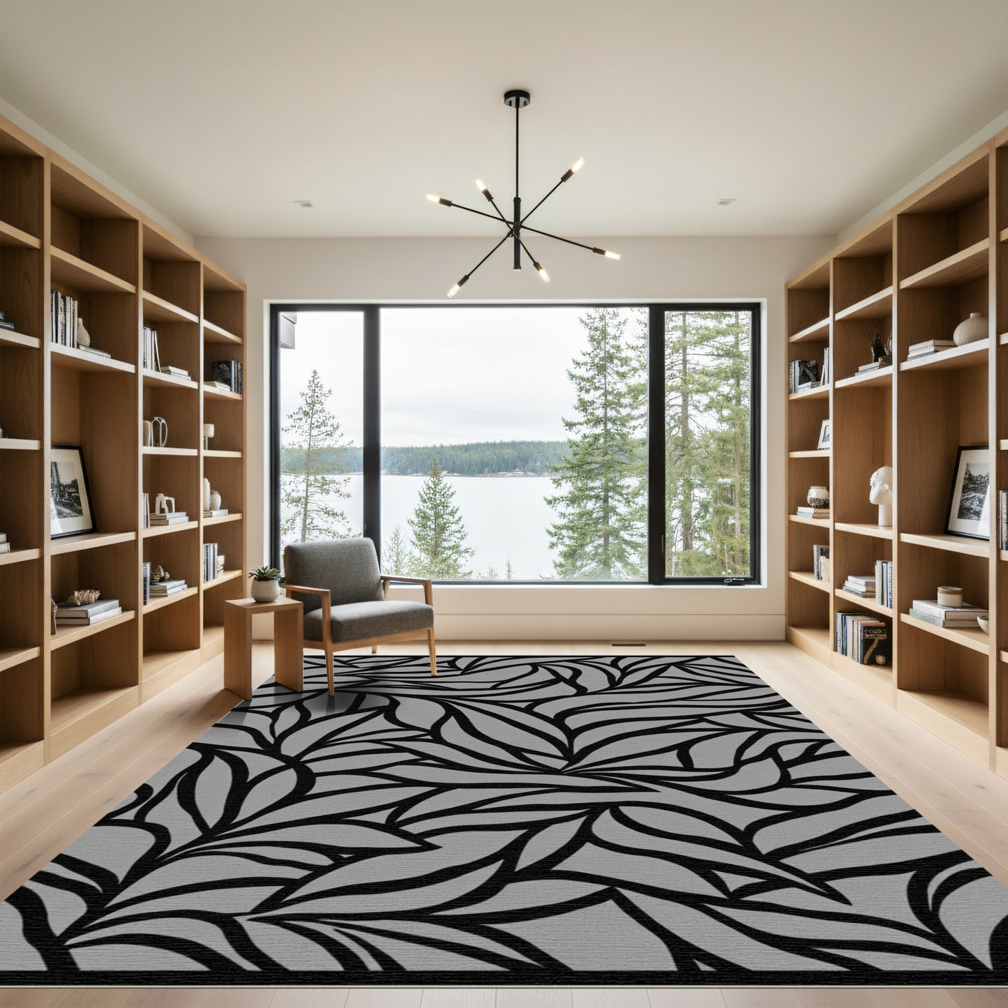 Abstract Black Swirl Gray Rug
