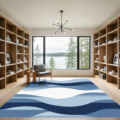 Deep Blue Abstract Wave Layers Rug