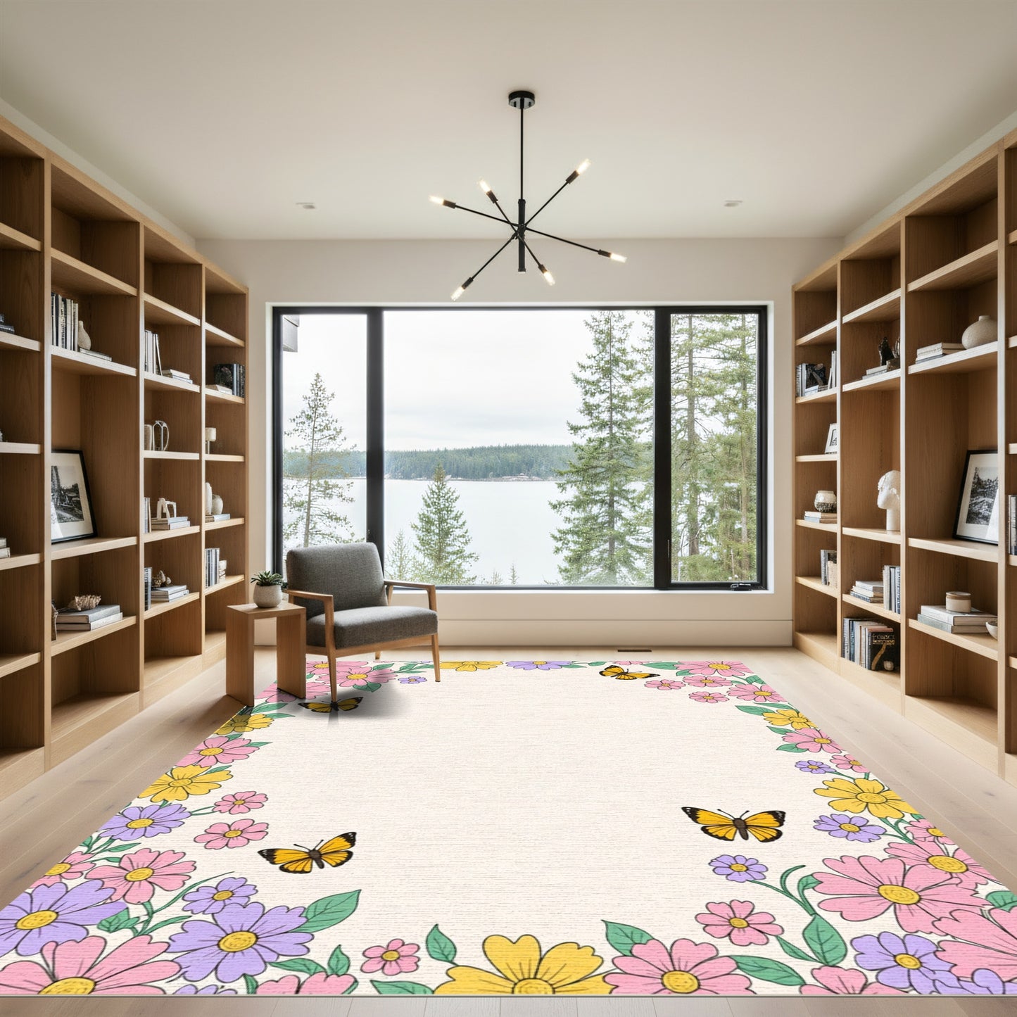Whimsical Springtime Butterflies Floral Meadow Rug