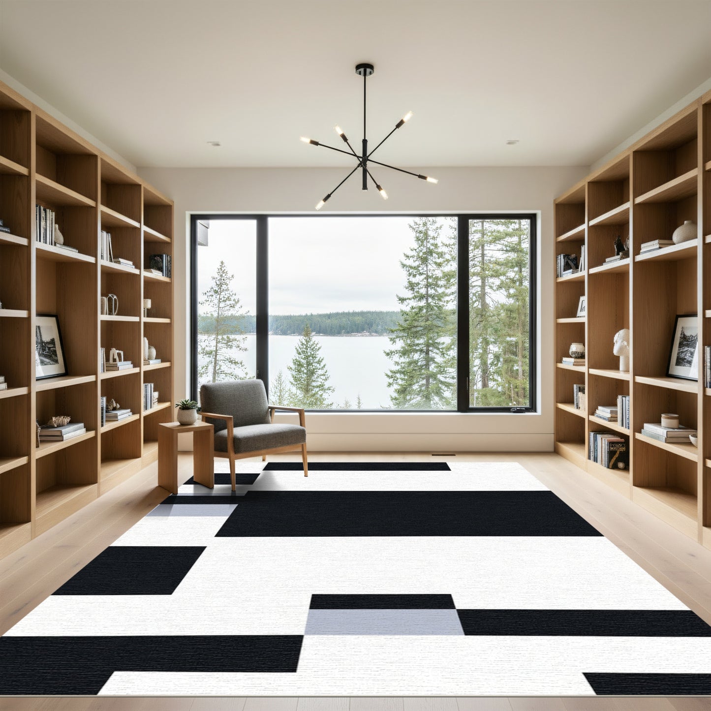 Monochrome Geometric Blocks Arrangement Rug