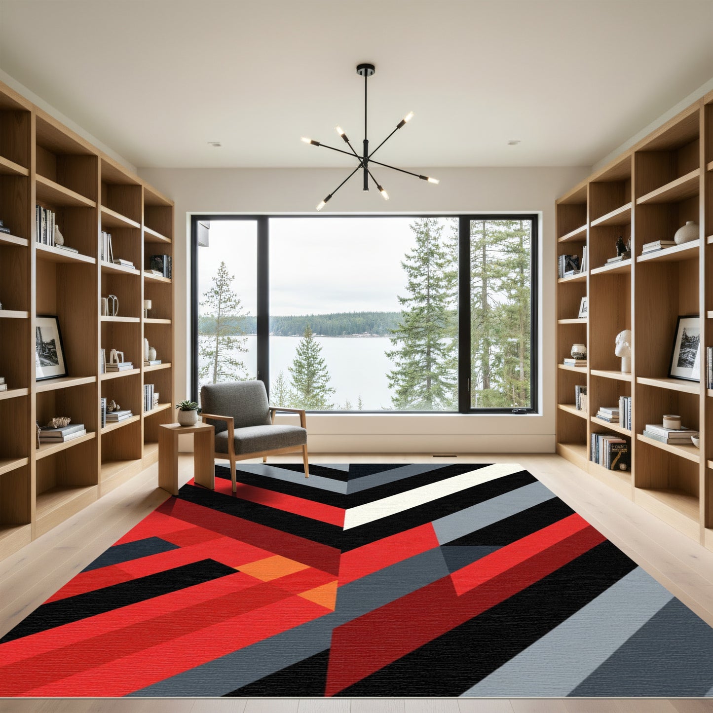 Bold Red Black Geometric Chevron Rug
