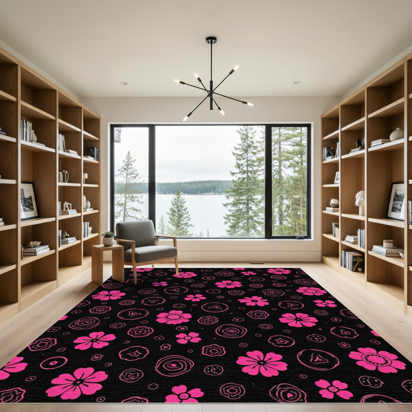 Fuchsia Flower Doodle Mid-Century Rug