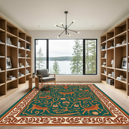 Teal Orange Folk Animal Woodland Rug