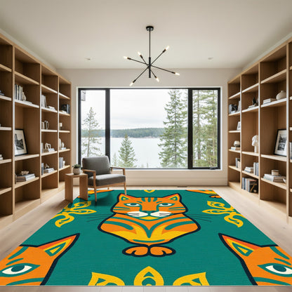 Orange Teal Whimsical Cat Medallion Rug