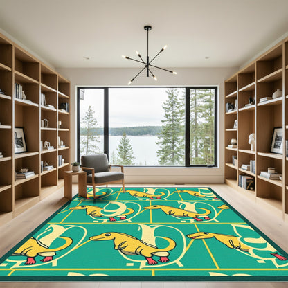 Yellow Dinosaur Teal Line Repeating Rug