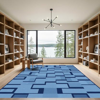 Deep Blue Geometric Block Arrangement Rug