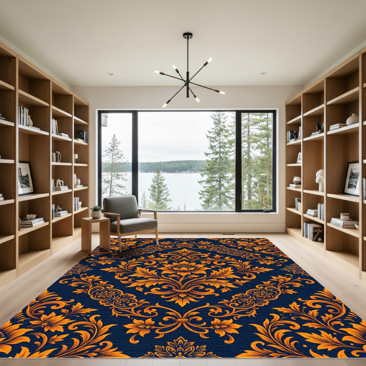 Vibrant Orange Floral Damask Navy Rug
