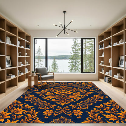Vibrant Orange Floral Damask Navy Rug