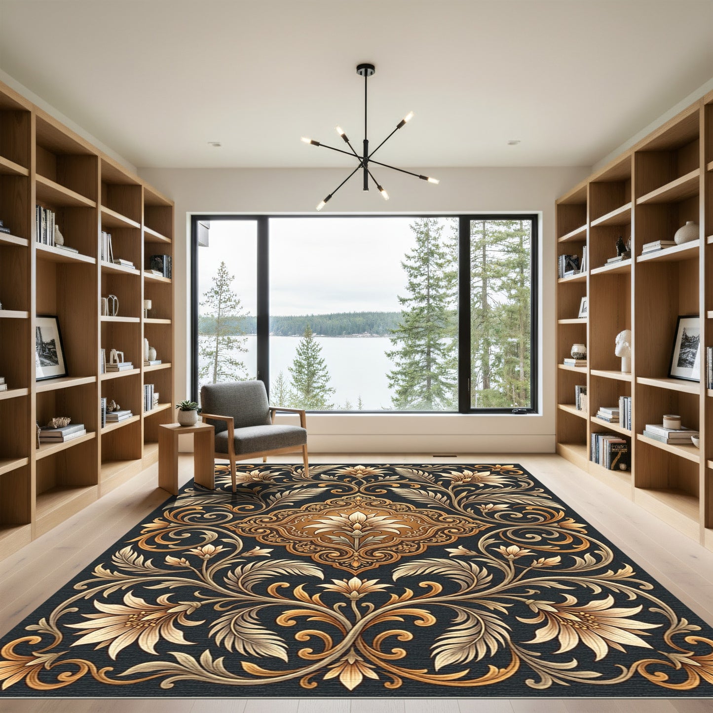 Elegant Golden Floral Nature Scrollwork Rug