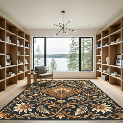 Elegant Golden Floral Nature Scrollwork Rug